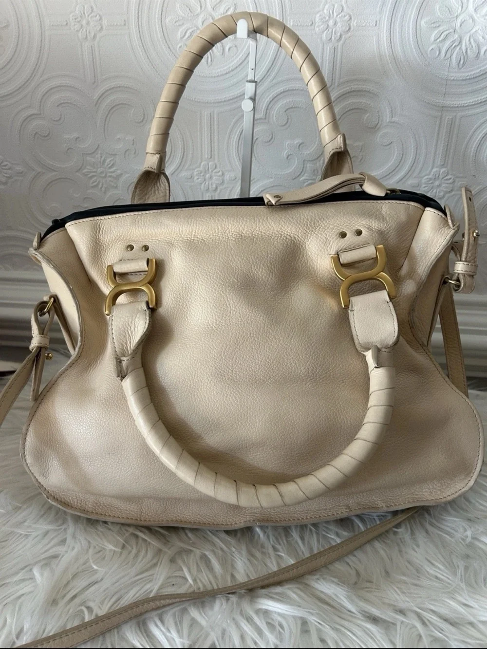 Chloe Beige Braided Satchel with Gold Hardware